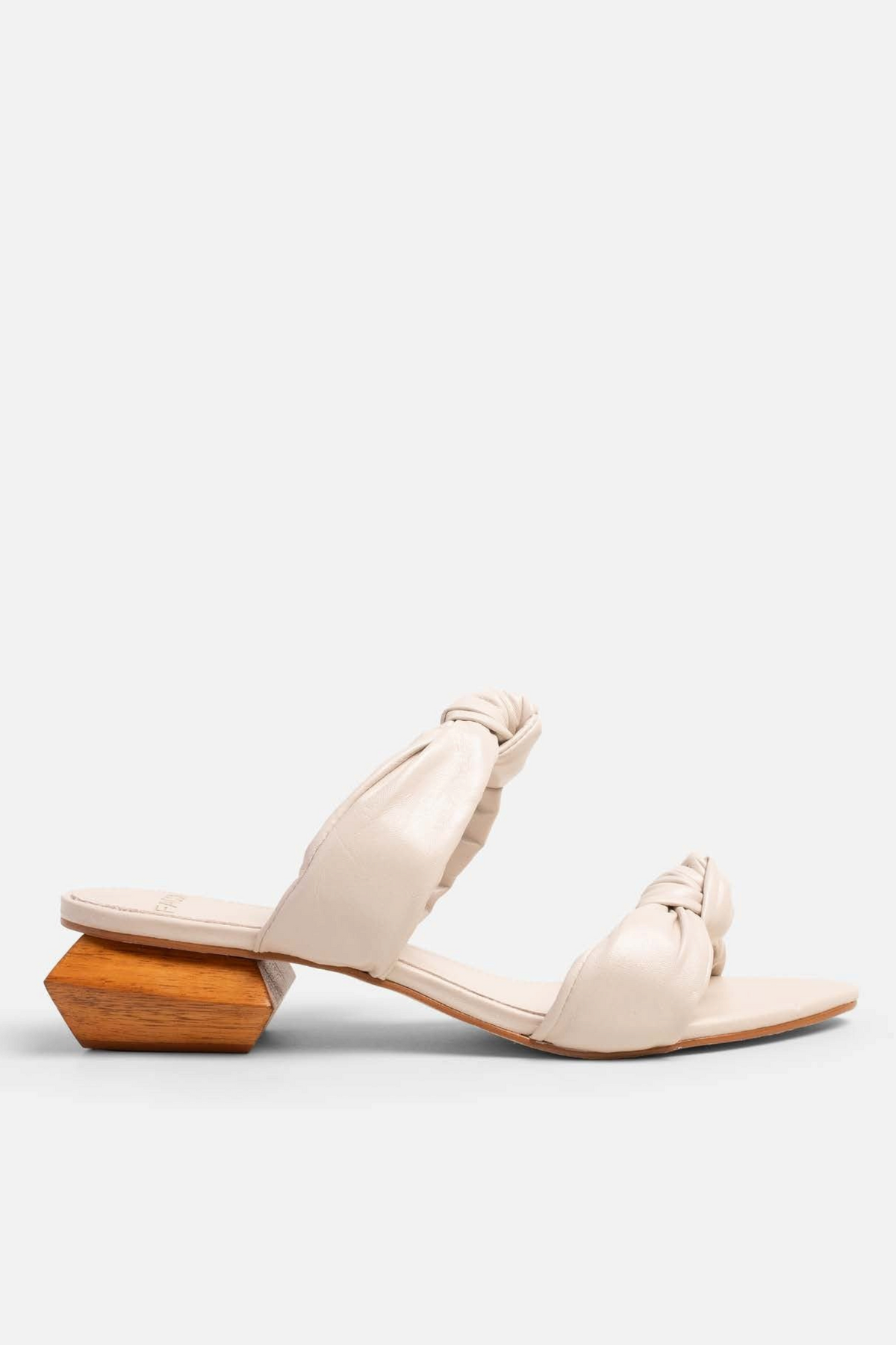 ELSHAM BOUTIQUE beige leather slide sandals with knotted straps and a unique geometric wooden block heel
