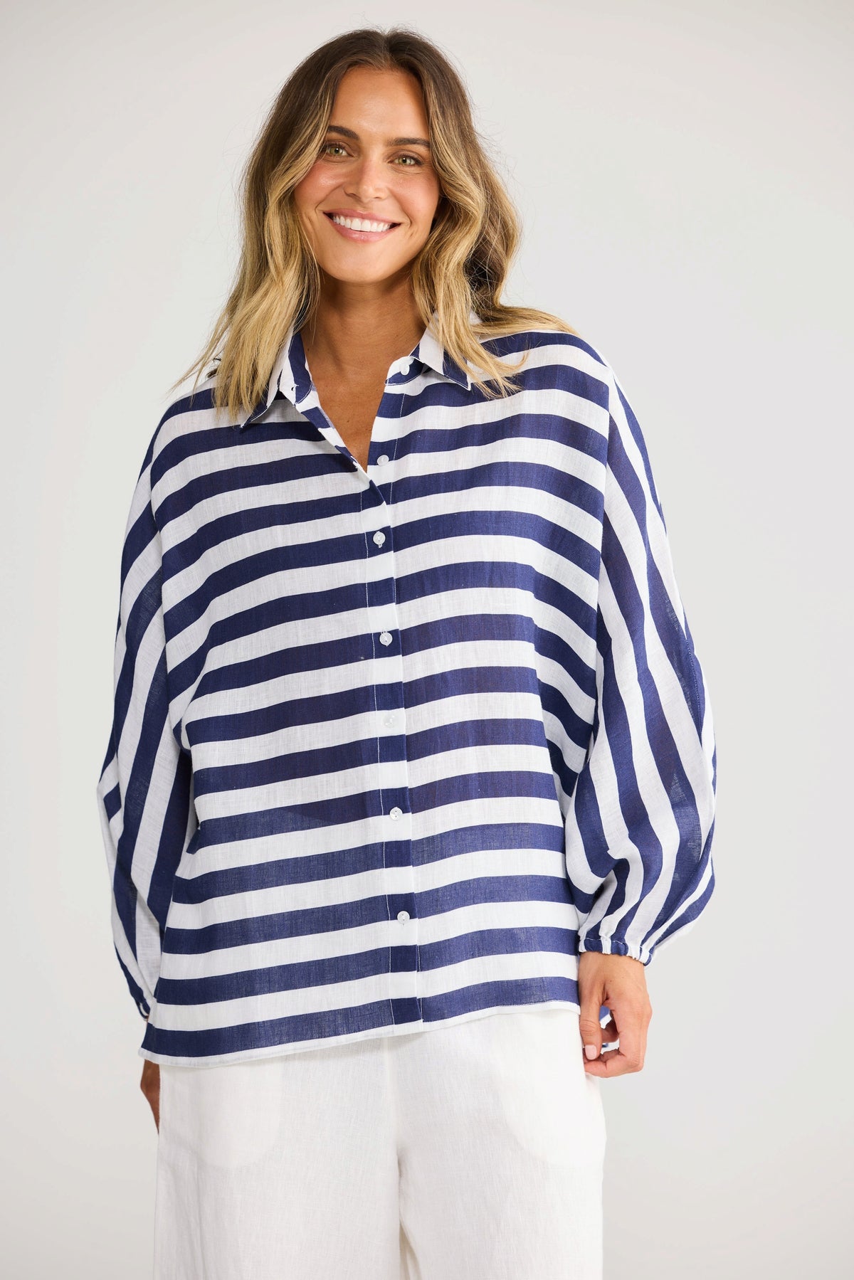 ELSHAM BOUTIQUE Cliffside navy and white striped oversized linen shirt with button front and elasticated cuffs