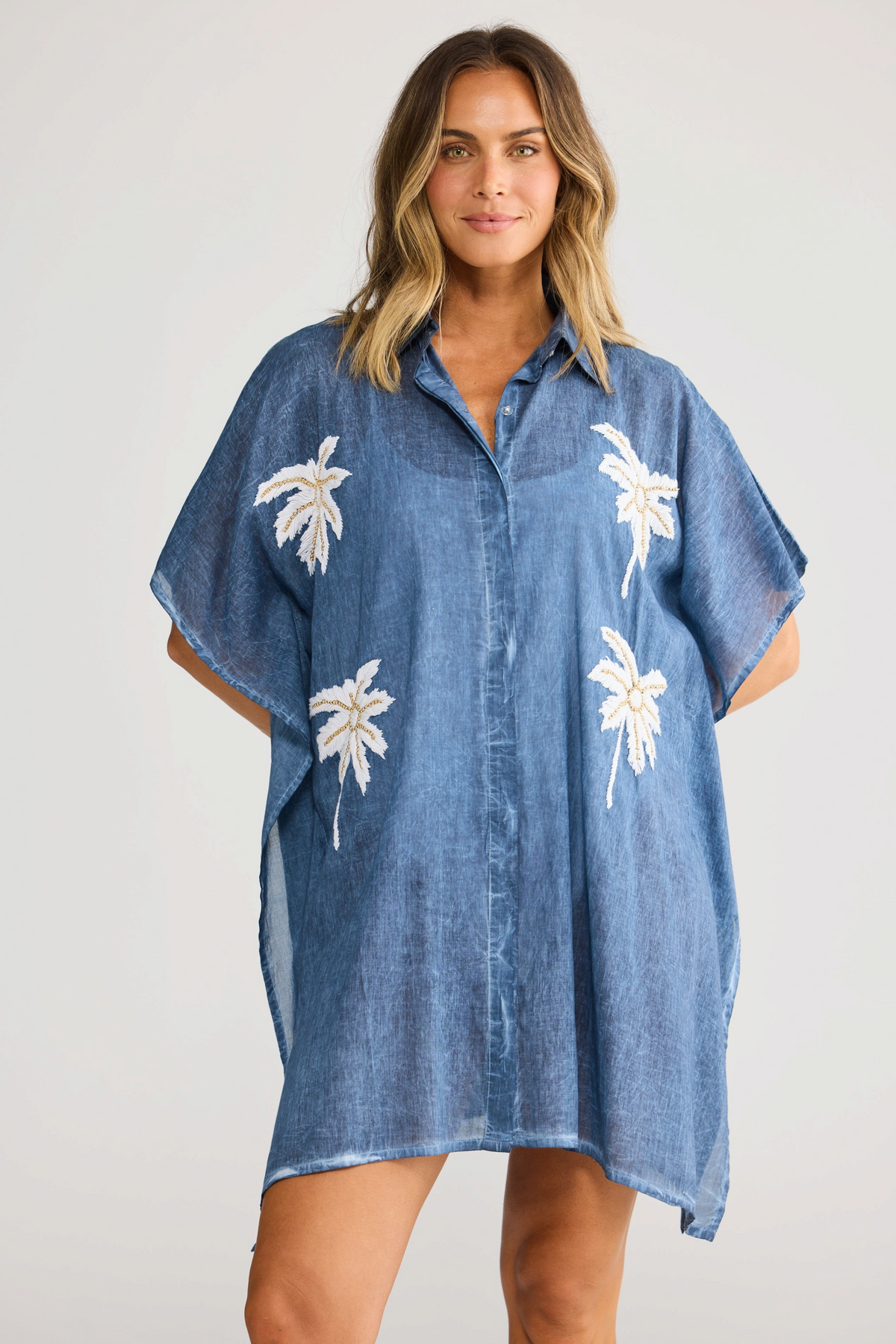ELSHAM BOUTIQUE navy cotton shirt kaftan with white palm tree embroidery and concealed button front closure