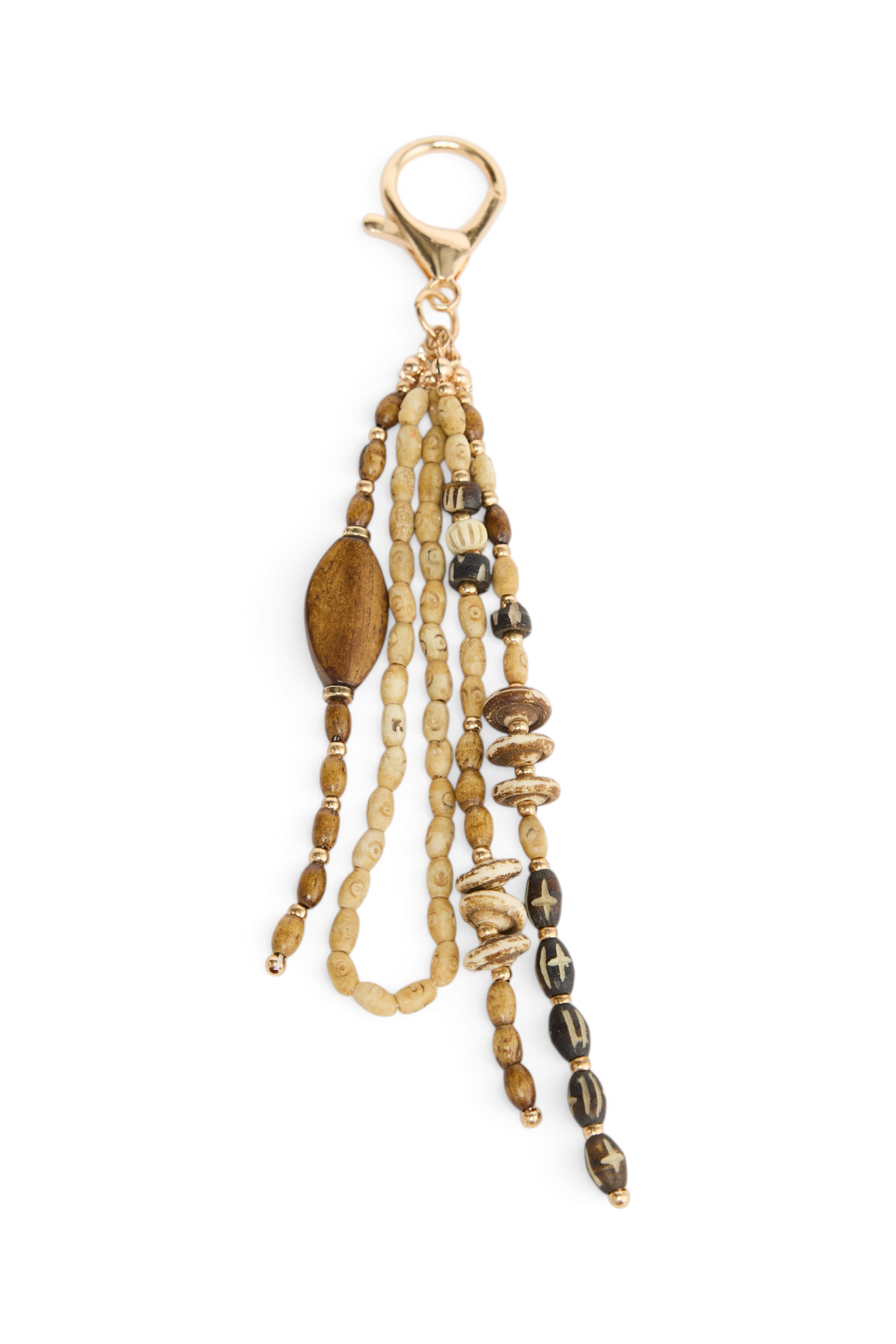 ELSHAM BOUTIQUE natural tribal keyring with assorted wooden and patterned beads on a gold-tone metal clip