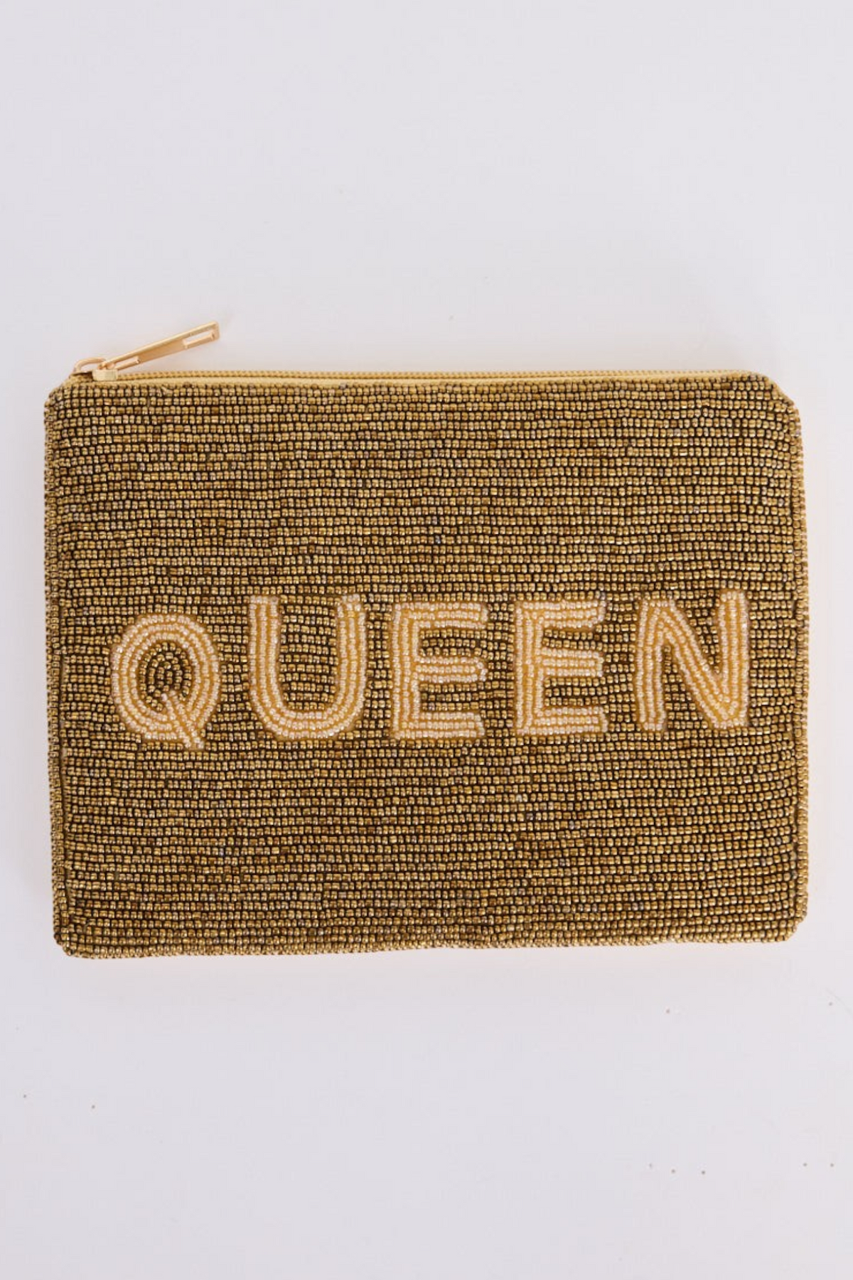 ELSHAM BOUTIQUE bronze beaded zip clutch with QUEEN lettering in a compact silhouette and cotton lining