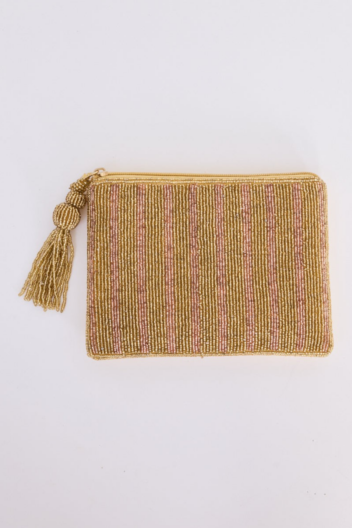 ELSHAM BOUTIQUE brown beaded stripe zip clutch with a decorative tassel pull and cotton lining.