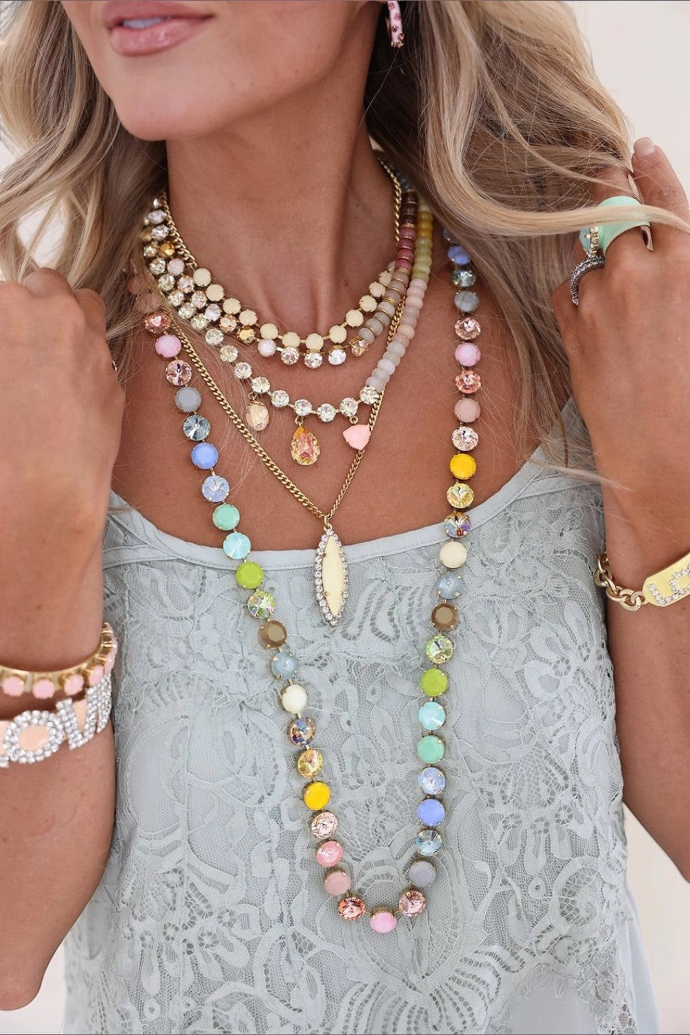 ELSHAM BOUTIQUE Glitterbelle necklace in peachfuzz with vintage crystals and beads on antique gold plated brass