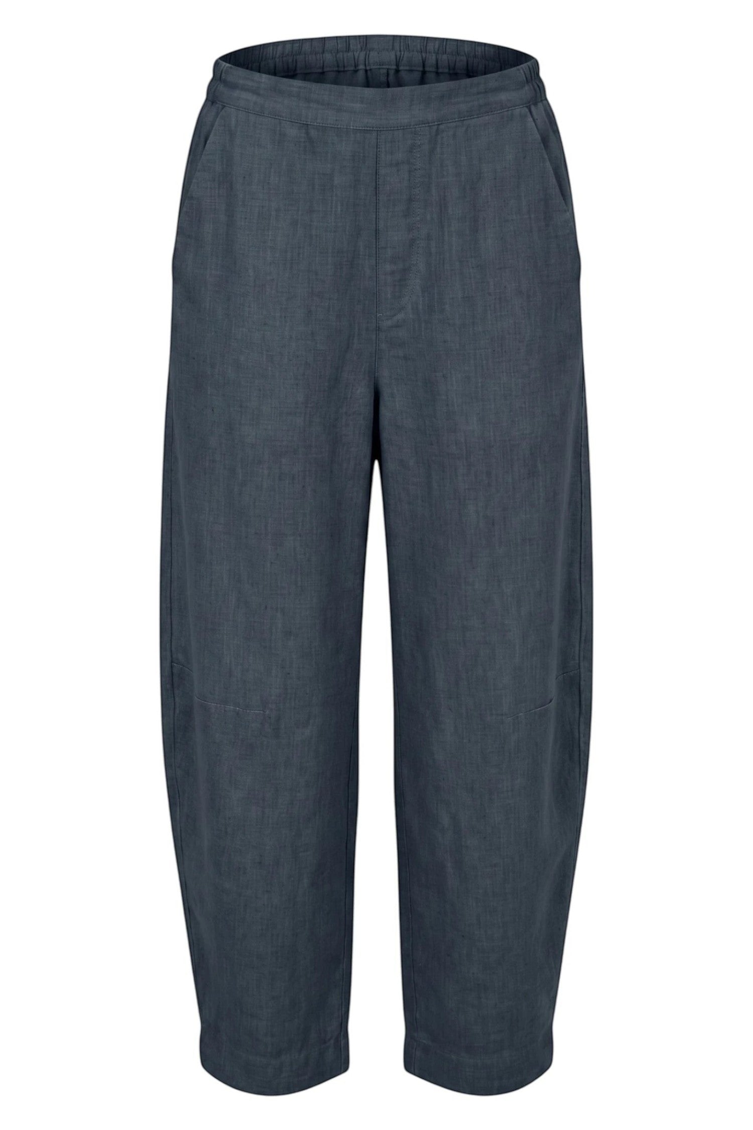ELSHAM BOUTIQUE GA711 cropped tapered pants in gunsmoke grey linen with an elasticated waistband and side pockets.