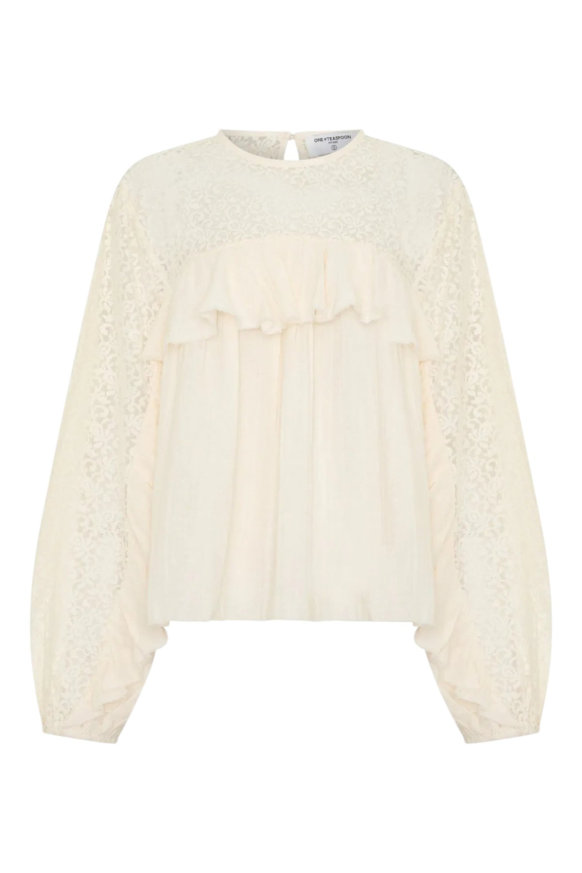 ELSHAM BOUTIQUE ivory cotton blouse with sheer lace yoke, cascading front frills, and long sleeves with lace panels.