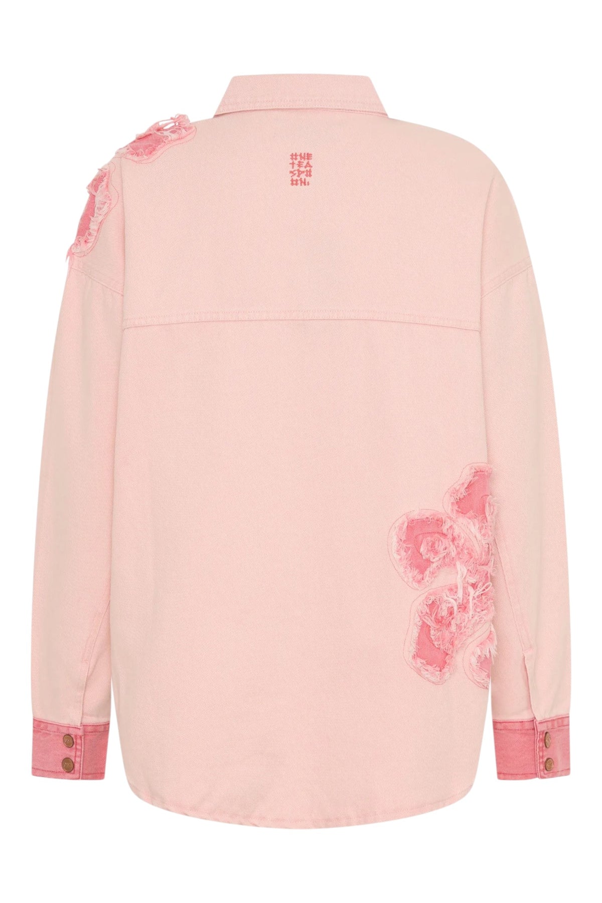 Back view of ELSHAM BOUTIQUE pink petal oversized cotton denim shacket with frayed edge detailing