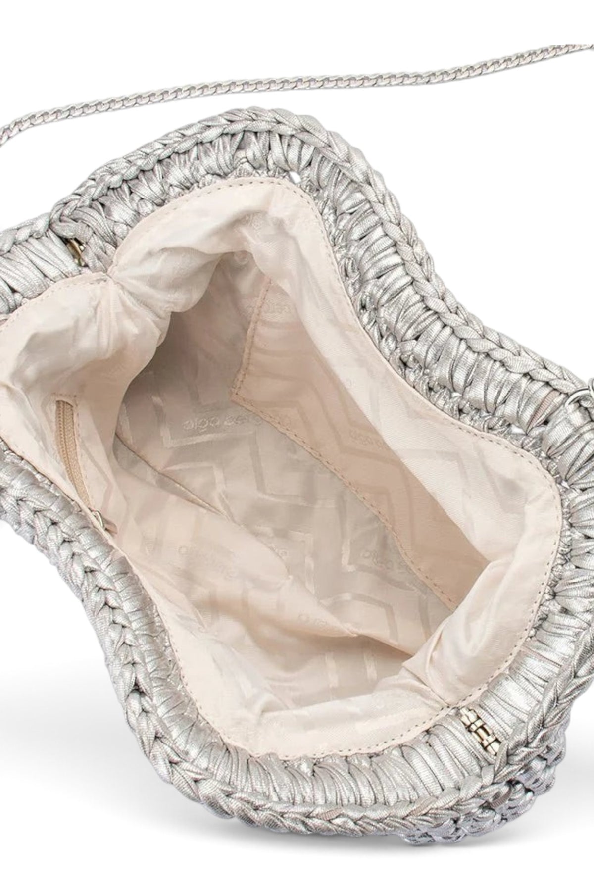 ELSHAM BOUTIQUE Taylor silver metallic crochet clutch bag showing the open interior with fabric lining and zipper.