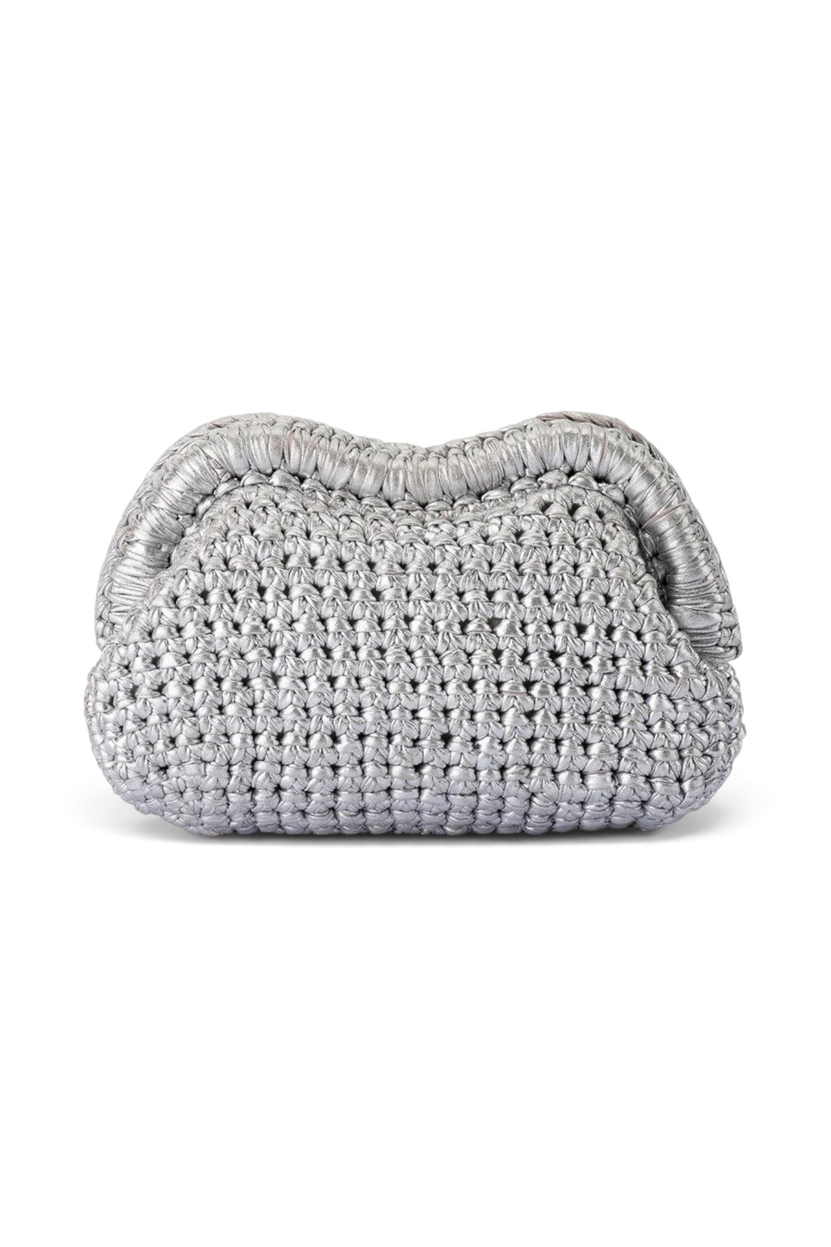 ELSHAM BOUTIQUE Taylor silver metallic crochet clutch with a structured frame closure for evening wear.