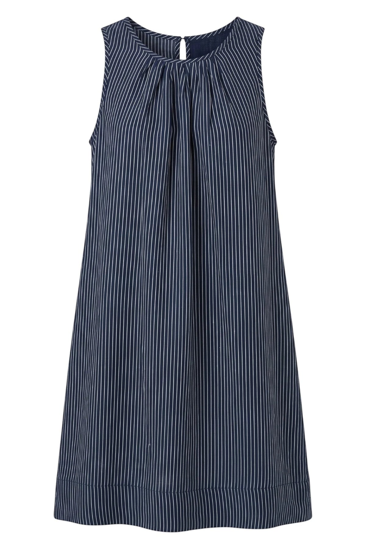 ELSHAM BOUTIQUE navy and white striped sleeveless linen swing dress with a gathered scoop neckline and side pockets.