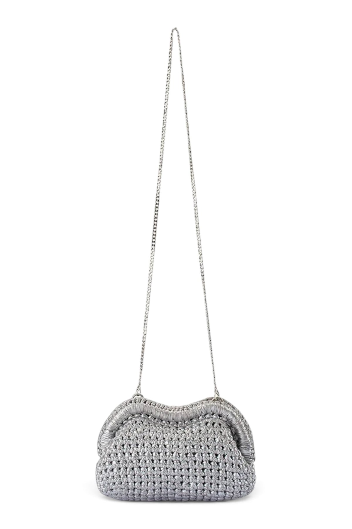 ELSHAM BOUTIQUE Taylor silver metallic crochet clutch with a frame closure and long detachable shoulder chain.