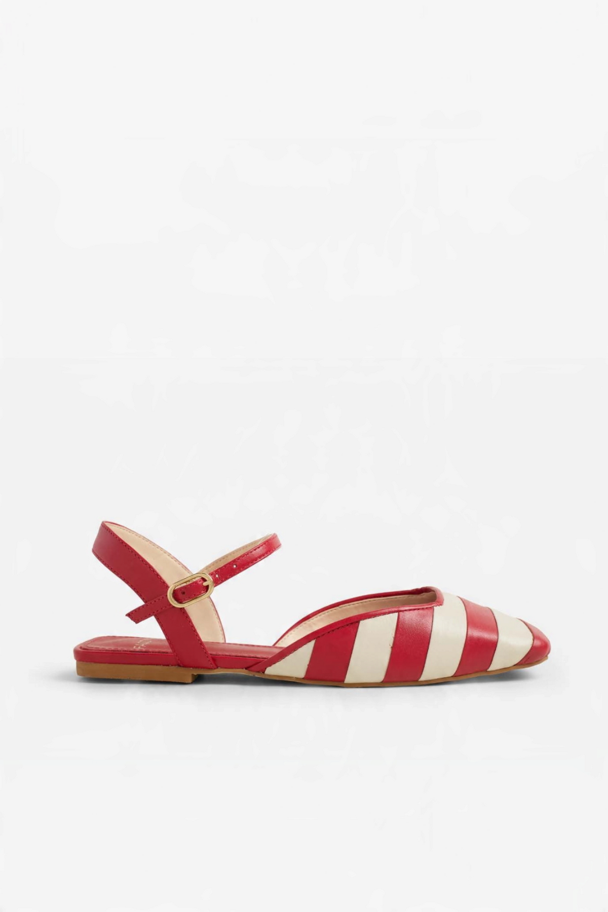 ELSHAM BOUTIQUE red and white striped pointed-toe flat sandals with an ankle strap and gold buckle