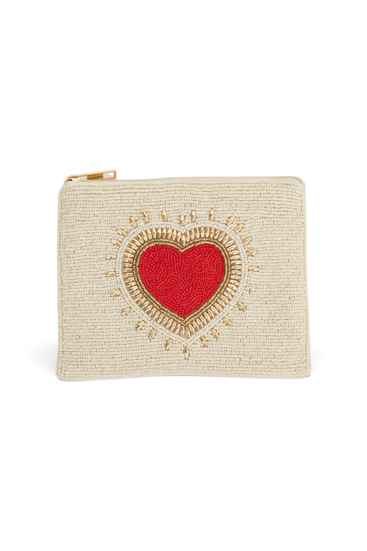 ELSHAM BOUTIQUE cream beaded zip clutch with a red and gold embellished sacred heart motif