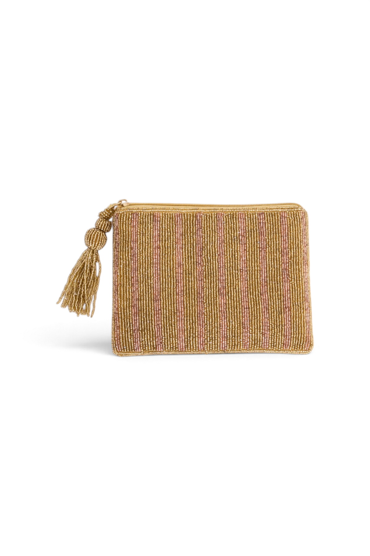 ELSHAM BOUTIQUE brown beaded stripe zip clutch with a decorative tassel pull and cotton lining