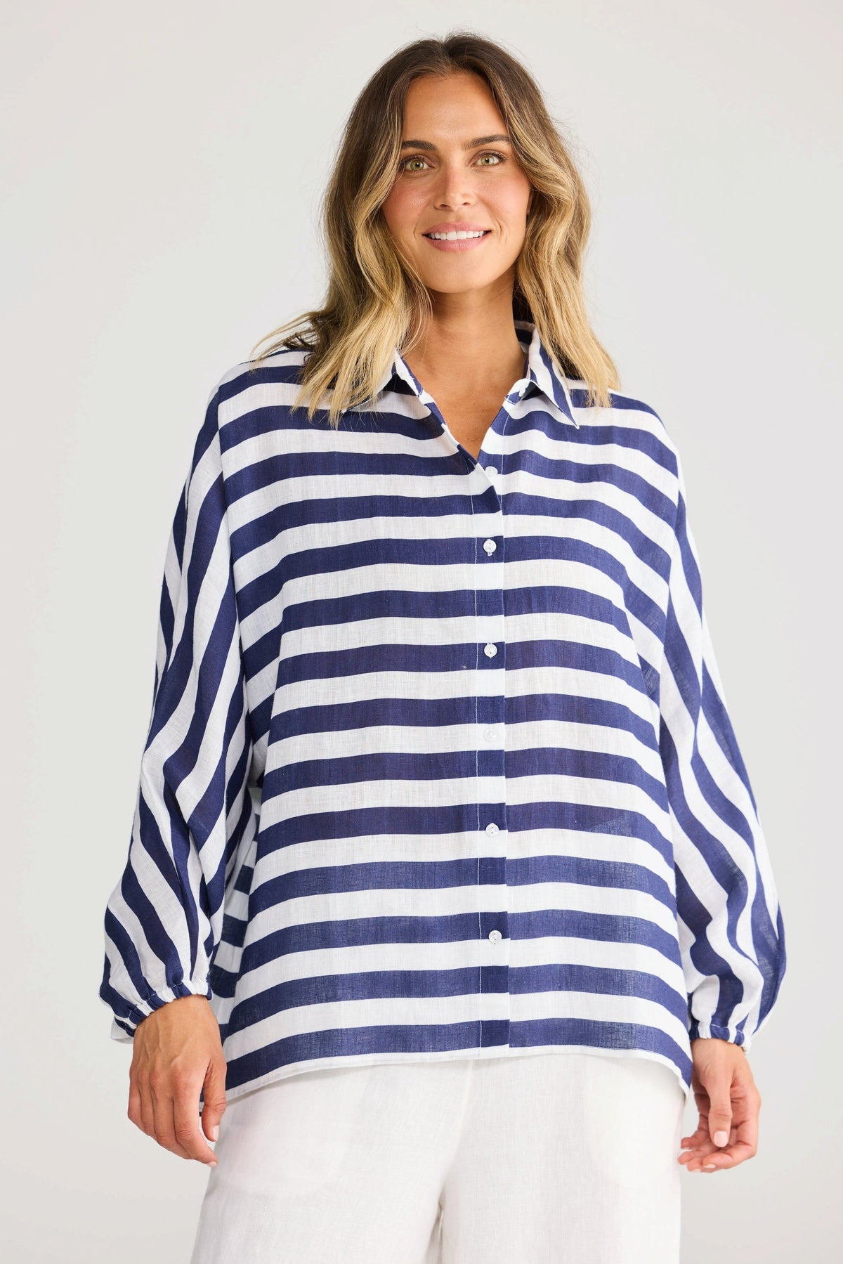 ELSHAM BOUTIQUE Cliffside navy and white striped oversized linen shirt with button front and elasticated cuffs