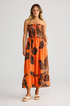 ELSHAM BOUTIQUE strapless linen midi dress in orange and brown Hibiscus Breeze floral print with front ruching