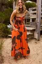 ELSHAM BOUTIQUE Sorrel strapless linen midi dress in hibiscus orange with brown floral print and front ruching