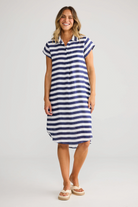 ELSHAM BOUTIQUE navy and white striped cotton tunic with a collared neckline, cap sleeves, and a hi-lo hemline.