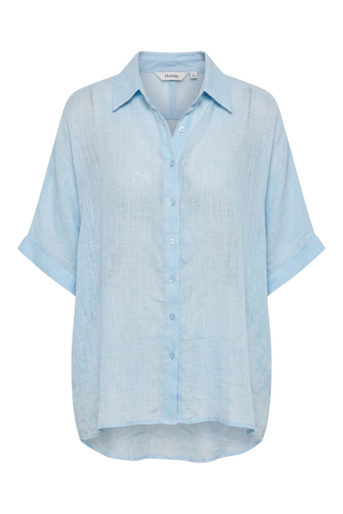 ELSHAM BOUTIQUE light blue oversized linen shirt with a collared neckline, button front, and cuffed short sleeves.