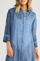ELSHAM BOUTIQUE Lilo navy blue cotton shirt dress with short sleeves and concealed button front closure