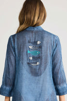 ELSHAM BOUTIQUE navy cotton Lilo shirt dress featuring a back panel with five decorative beaded fish motifs