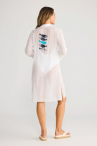 ELSHAM BOUTIQUE white cotton shirt dress with short sleeves and embroidered fish detail on the back, rear view