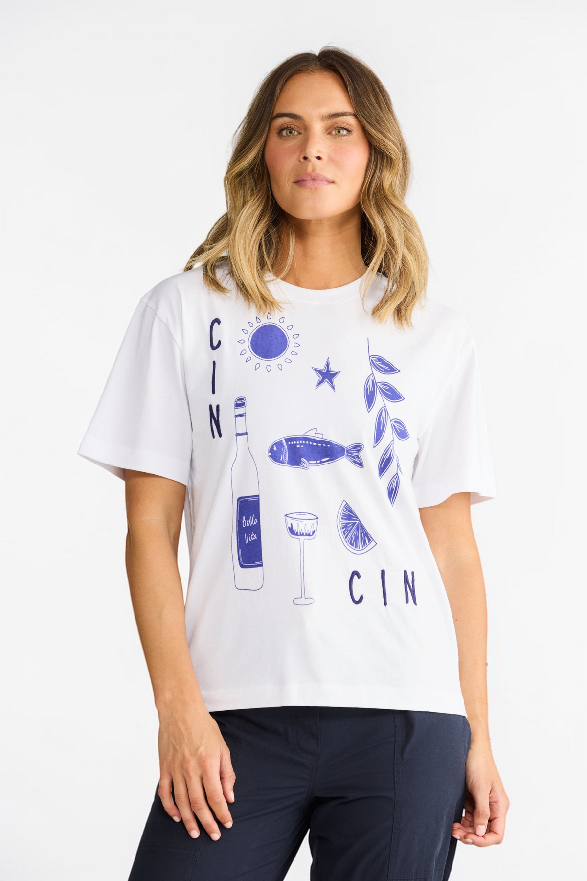 ELSHAM BOUTIQUE white cotton t-shirt with navy blue graphic print of wine, fish, and sun, featuring a round neck.