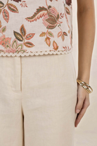 ELSHAM BOUTIQUE sleeveless linen top in Bohemian Rose print with a delicate scalloped cotton lace hem