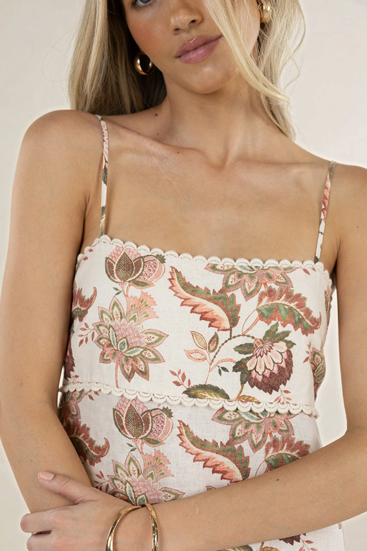 ELSHAM BOUTIQUE Bohemian Rose linen midi dress with scalloped trim, straight neckline, and slim adjustable straps.