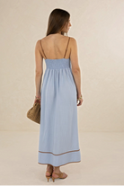 ELSHAM BOUTIQUE Mia midi dress in blue linen-tencel blend with tobacco contrast trim and shirred back detail