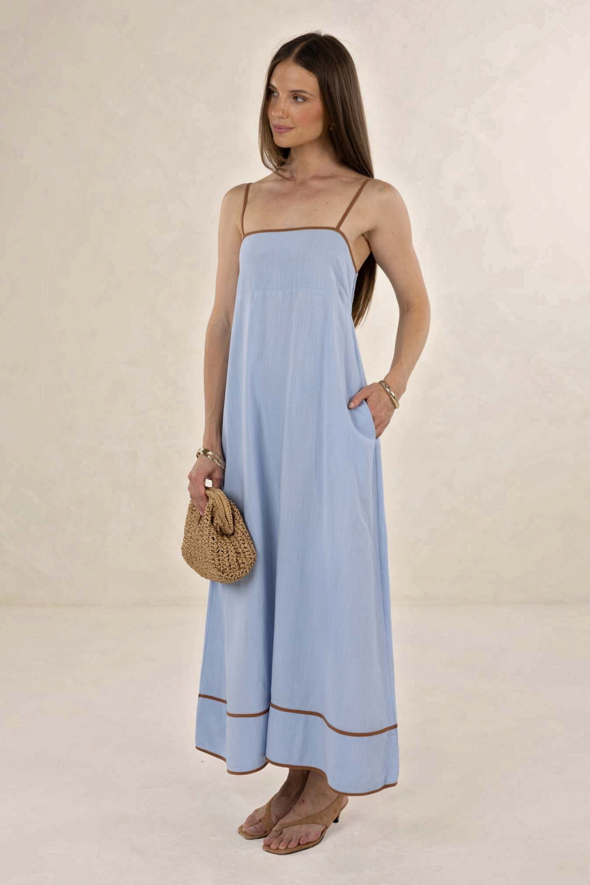 ELSHAM BOUTIQUE Mia midi dress in blue linen-Tencel blend with tobacco contrast trim, straight neckline, and A-line cut
