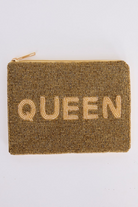 ELSHAM BOUTIQUE bronze beaded zip clutch with QUEEN lettering in a compact silhouette and cotton lining