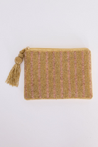 ELSHAM BOUTIQUE brown beaded stripe zip clutch with a decorative tassel pull and cotton lining.
