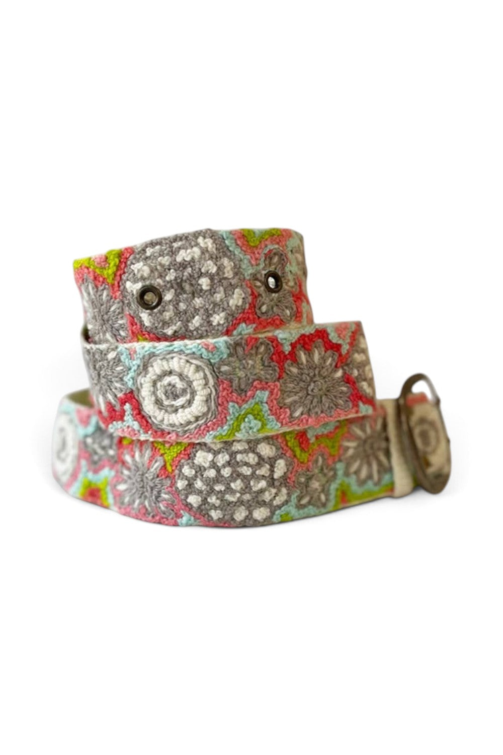 ELSHAM BOUTIQUE Flower Power wool belt featuring intricate floral embroidery in grey, pink, and teal with metal buckle.
