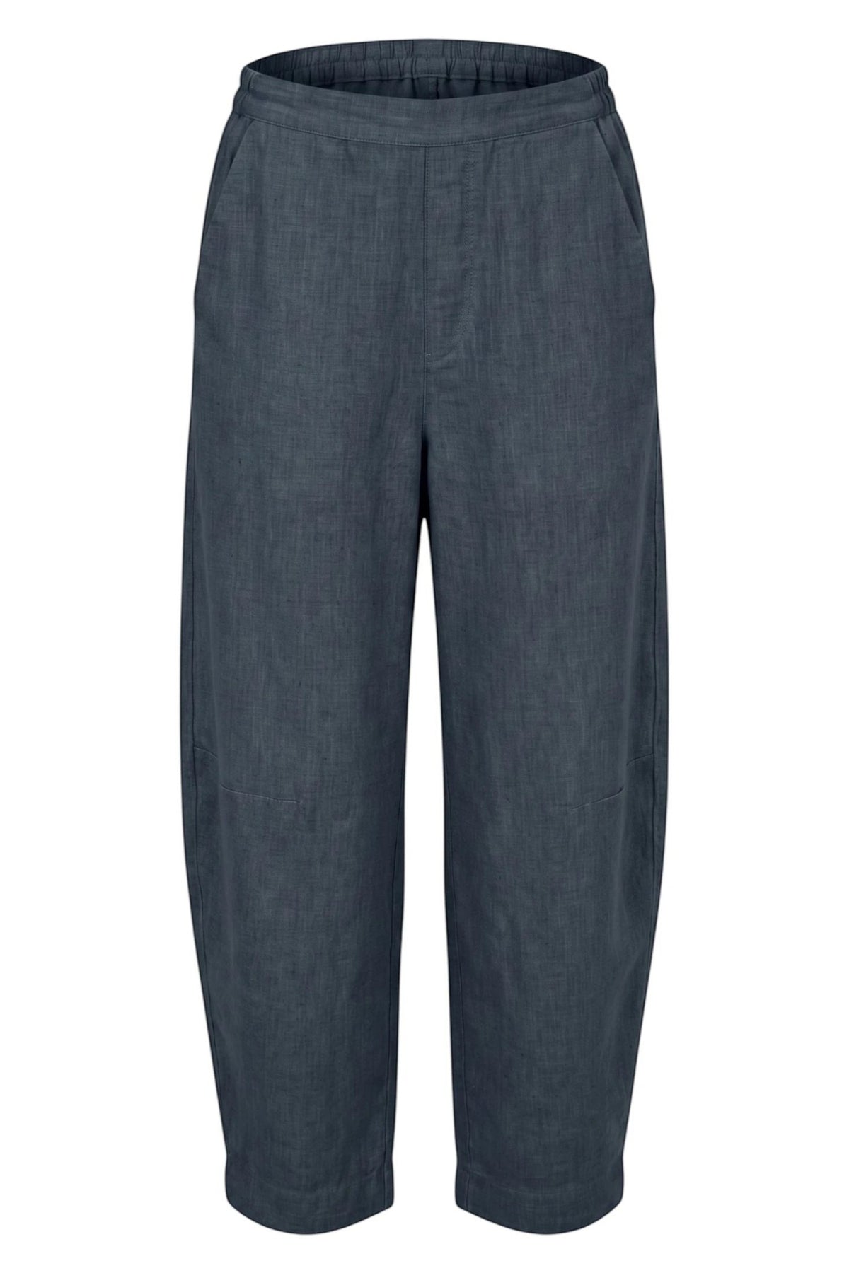 ELSHAM BOUTIQUE GA711 cropped tapered pants in gunsmoke grey linen with an elasticated waistband and side pockets.