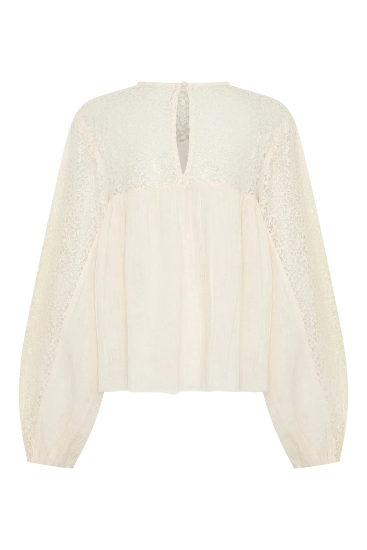 ELSHAM BOUTIQUE ivory cotton blouse with sheer lace yoke, long sleeves, and romantic frill detailing.
