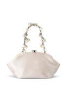 ELSHAM BOUTIQUE Marina pearl clutch in shimmering cream vegan leather with a decorative faux pearl chain handle.