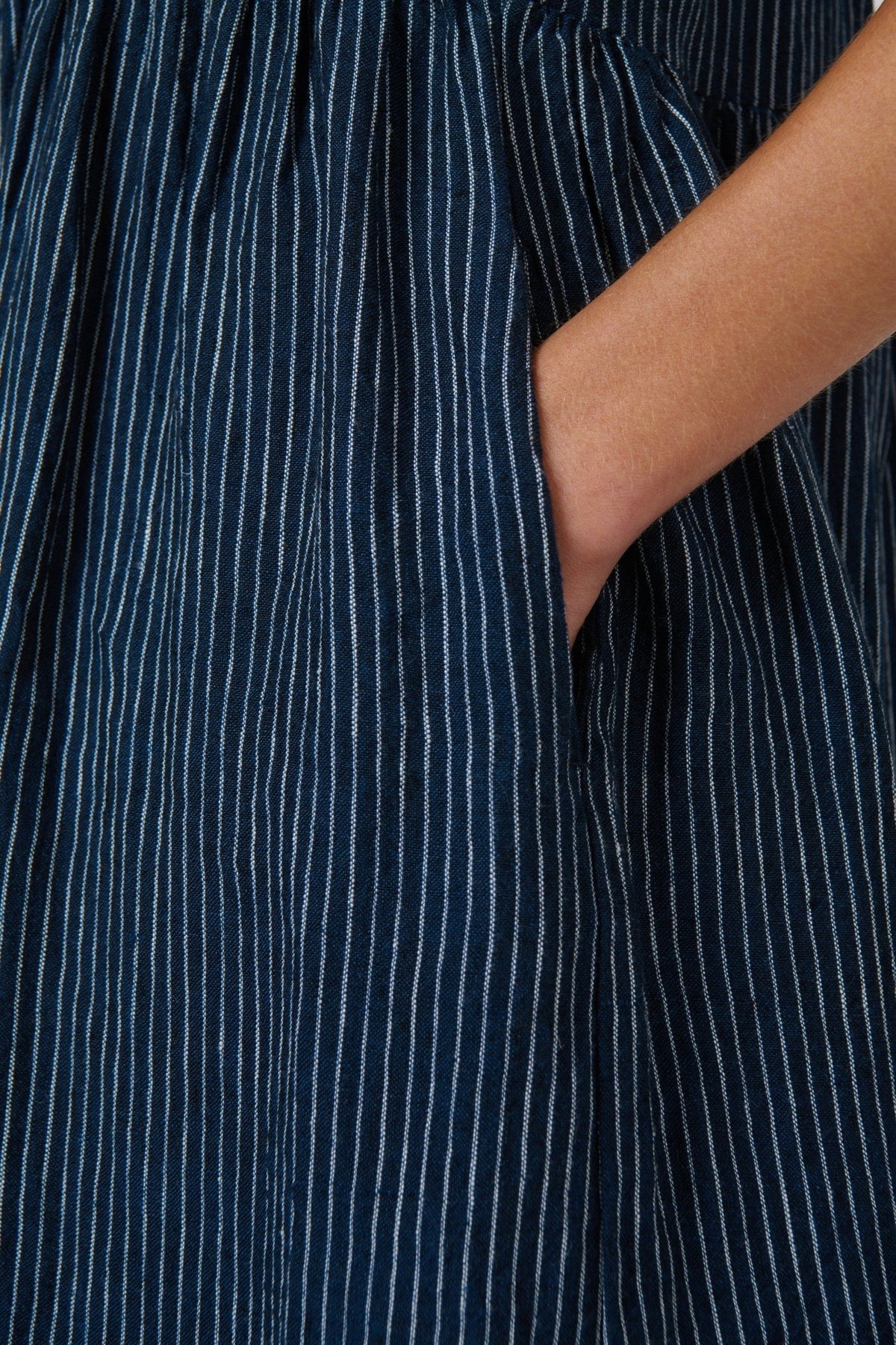 ELSHAM BOUTIQUE navy blue pinstriped linen midi dress featuring a functional side seam pocket detail