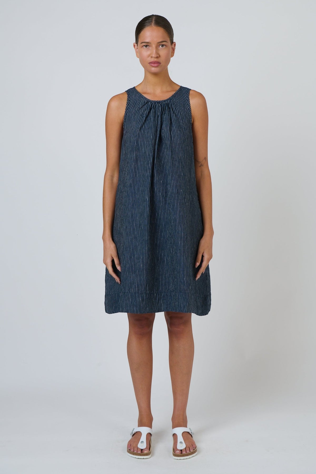 ELSHAM BOUTIQUE navy pinstripe linen sleeveless A-line swing dress with gathered neckline and knee-length hem