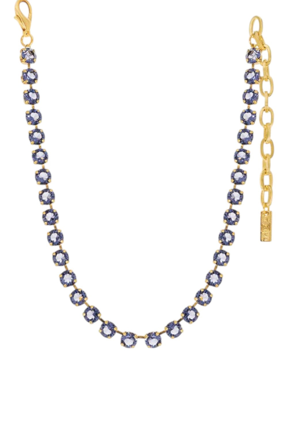 ELSHAM BOUTIQUE Oakland necklace featuring unfoiled tanzanite crystals set in antique gold-plated brass with extension
