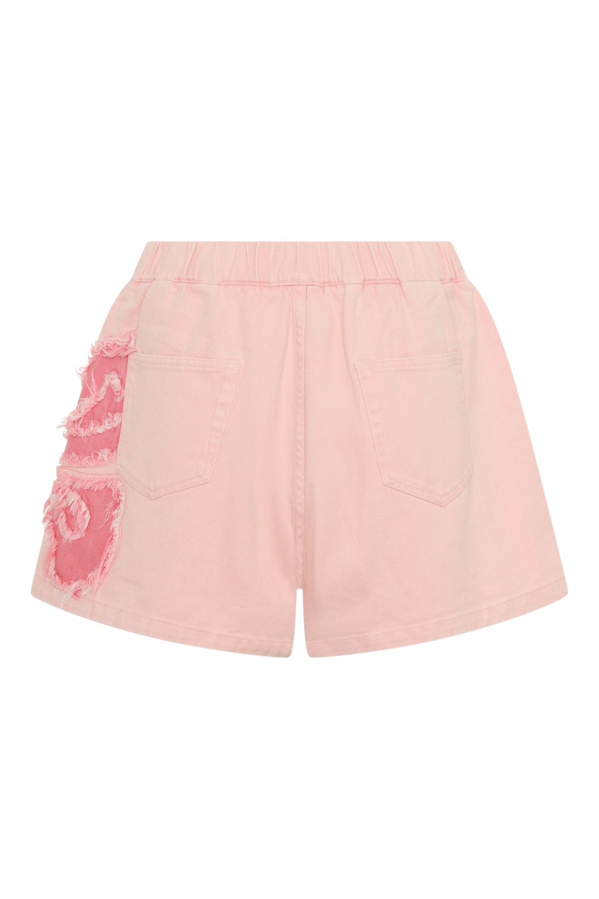 ELSHAM BOUTIQUE pink petal high waist denim shorts with elasticated waistband, frayed side panels, and back pockets.