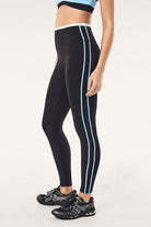 ELSHAM BOUTIQUE Radar full-length high-rise leggings in black with Alaskan blue contrast side seams and waistband.