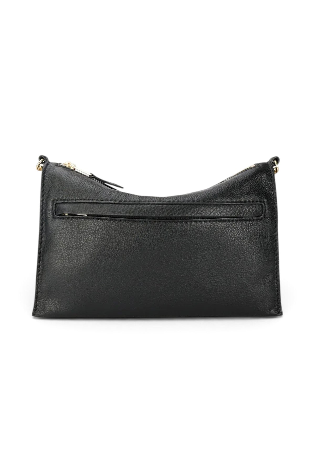 ELSHAM BOUTIQUE black calf nappa leather Siamese bag featuring an external back zip pocket and gold hardware