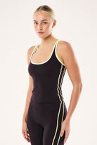 ELSHAM BOUTIQUE Solis Scoop Tank in black bean and soft yellow with contrast straps for gym and pilates training.