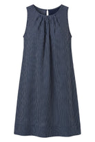 ELSHAM BOUTIQUE navy and white striped sleeveless linen swing dress with a gathered scoop neckline and side pockets.