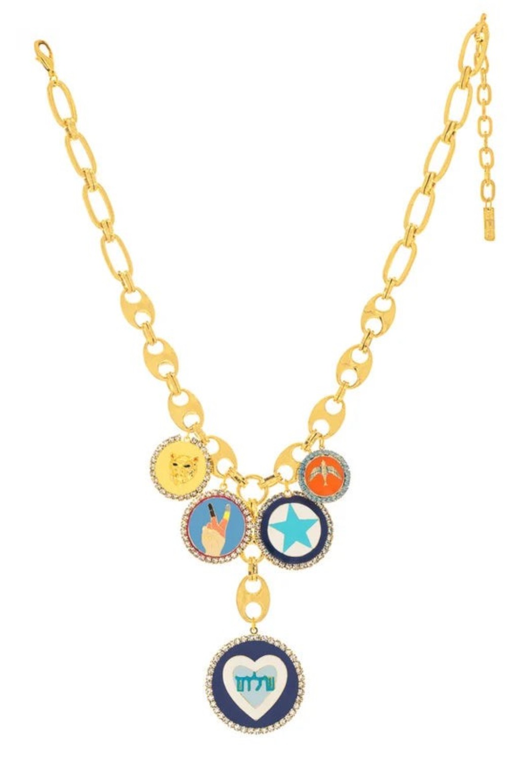 ELSHAM BOUTIQUE Sweet Heart necklace featuring antique gold plated brass, crystal accents, and colorful enamel charms.