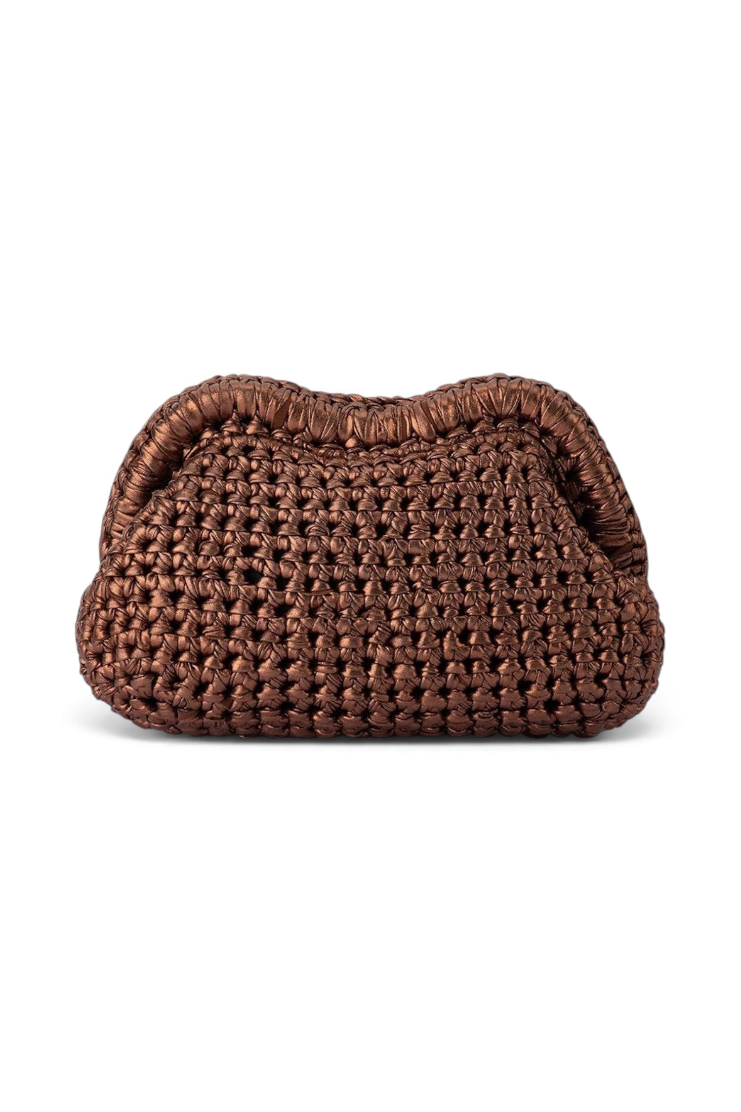 ELSHAM BOUTIQUE Taylor bronze metallic crochet clutch with a structured frame closure and elegant evening design.