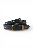 ELSHAM BOUTIQUE navy leather skinny belt with yellow bead and blue stitching detail and orange loop.